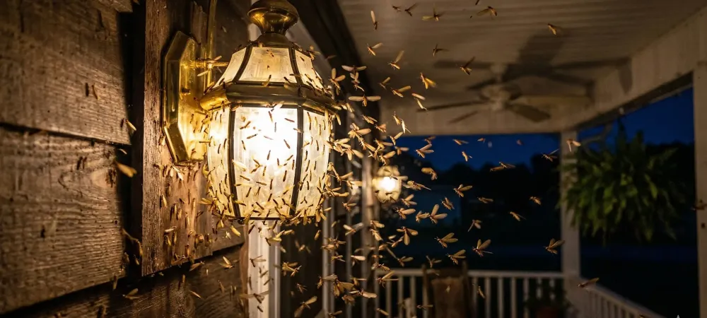 termites swarming front porch lamp